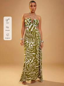 Hauture Front Cut Out Cross Over Halter Open Back Maxi Dress