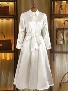 Franclia Elegant Turndown Collar Long Sleeve Cinched Waist Waist Half-Placket Single-Breasted Autumn/Winter Dress Clothes For University Fall Cloth For Women - Apricot - View 1