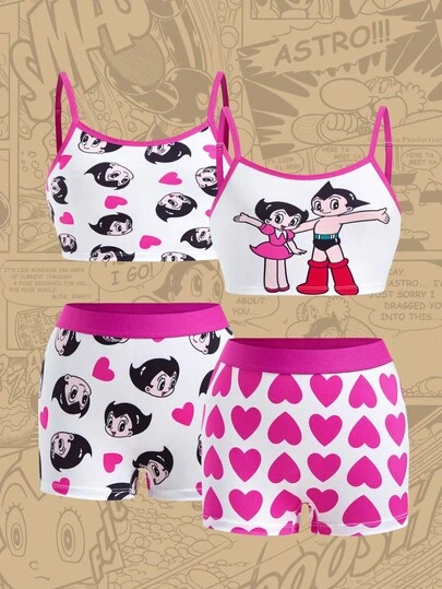 Astro Boy X SHEIN Bekvämt set med BH och trosor för tweenflicka, sött tecknat mönster