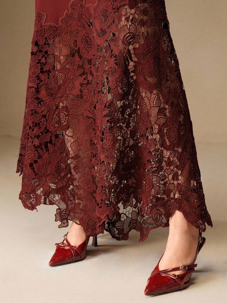 Burgundy Red Women's Long Sleeve Dress With French Embroidery Hollow-Out Patchwork Design, Suitable For Wedding, Graduation, Autumn, Fall, Spring, Going Out, Elegant, Formal, Chic, New Year, Party, Valentine