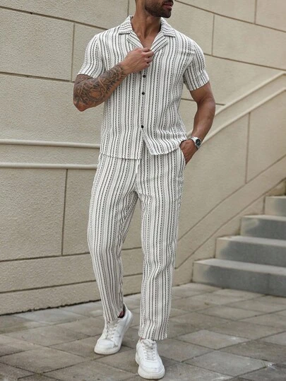 Manfinity Homme Men's Plus Size Vintage Striped Guayabera Shirt Set, High-End Fashion