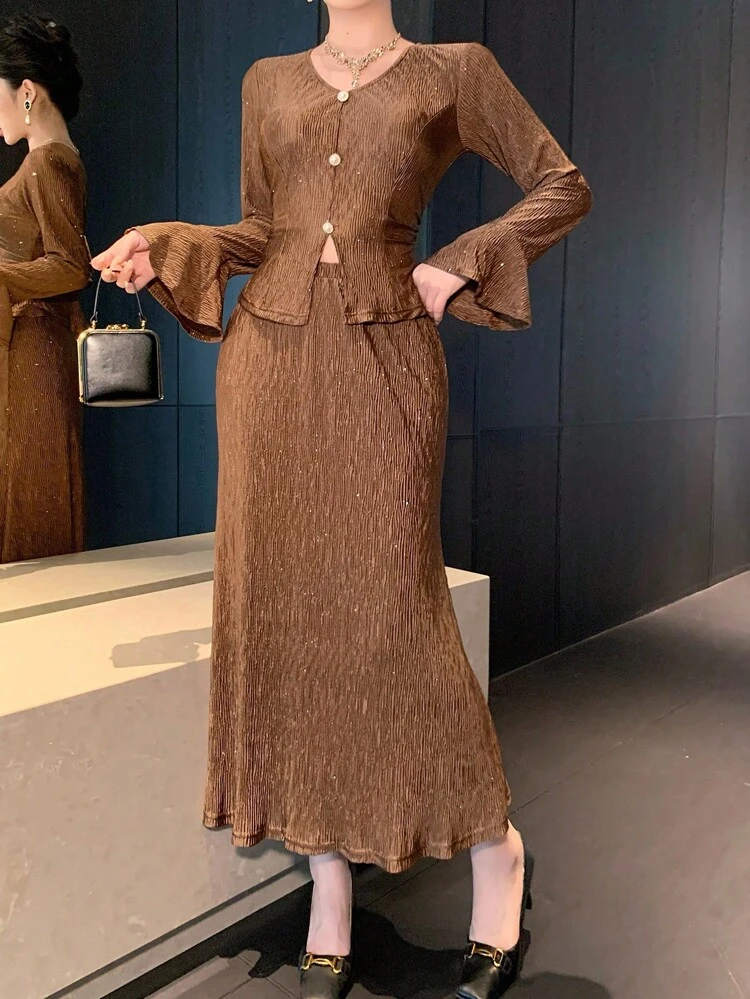 Women's Sequin V-Neck Cardigan Top And Skirt 2 Pieces Set, Autumn