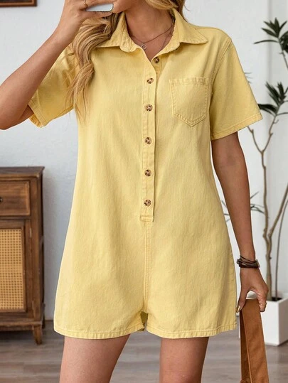 EMERY ROSE 女式休闲纯色纽扣半襟短袖牛仔连体裤，夏季