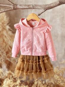 SHEIN Young Girl 3D Heart Pattern Ruffle Trim Zip Up Hooded Jacket,Autumn Winter. Fall - Pink - View 3