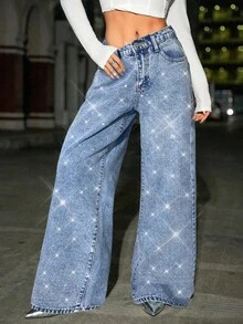 SHEIN 少女水钻装饰宽松蓝色牛仔裤 - 淺色水洗藍 - 查看 3