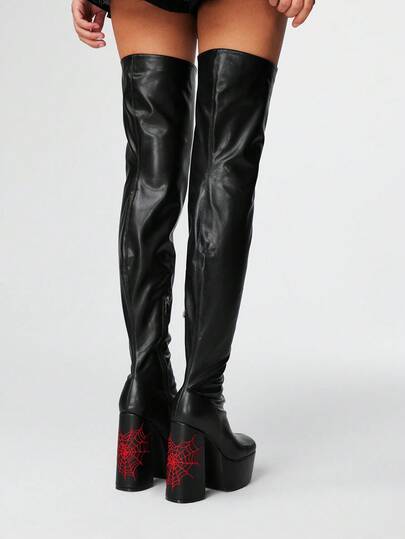 Grunge Punk Women's Outdoor Square Toe Thick High Heel Waterproof Platform Red Spider Web Embroidery Black PU Fabric Fashion Comfortable Party Nightclub Slip-On Boots, Halloween