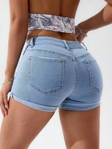 SHEIN PETITE Quần short denim bó giản dị có túi rách đơn giản, mùa hè - Rửa nhẹ - Xem 2