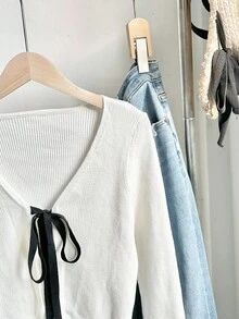 SHEIN Unity 性感百搭女式 V 领蝴蝶结撞色长袖短款针织开衫 - 彩色 - 查看 4
