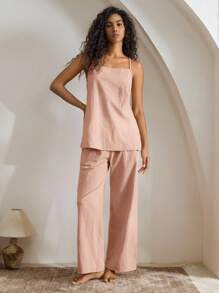 Ocili Leisure 2pcs 100% Cotton Comfortable Cami Top & Pants Pajama Sets Holiday Season Outfit - Pink - View 7