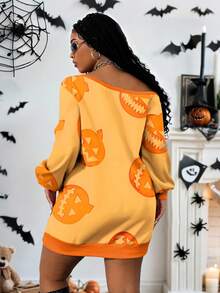 Maweii Plus Size Women Pumpkin Digital Print Oblique Shoulder Loose Knit Sweatshirt, Casual Chic Fashion Style