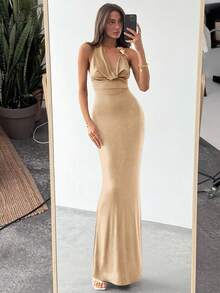 Aloruh Women's Solid Color Plunging Neckline Circular Ring Connecting Fishtail Hem Fitted Sexy Dress - Khaki - View 5