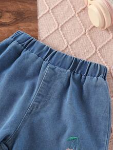 SHEIN Playful Pals Bộ 2 áo thun dài tay thêu họa tiết quả anh đào dễ thương cho bé gái và quần jeans denim thêu họa tiết quả anh đào đã giặt, phù hợp mặc thường ngày, đi học, ngày lễ, trở lại trường - Hồng - Xem 5