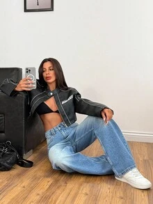 EURMUSE Damen Jeans mit hoher Taille, Waschung und Details, gerade geschnitten, lockere Jeans, Wide Leg Jeans, Baggy Jeans - Mittele Waschung - Übersicht 4