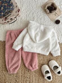 SHEIN 女宝宝休闲可爱蝴蝶结刺绣连帽长袖羊毛上衣和松紧腰裤套装，秋冬 - 彩色 - 查看 2