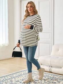 SHEIN 孕妇撞色条纹圆领长袖运动衫 - 黑與白 - 查看 7