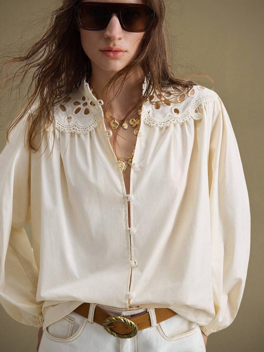 Ontre 2025 New Women's Hollow Embroidery Patchwork Button Lantern Sleeve Loose Fit Casual Office Elegant Teacher's Day Blouse, Suitable For Autumn/Winter