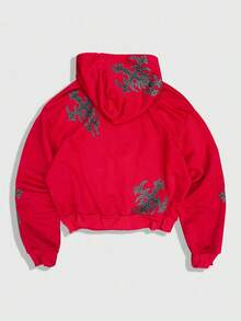 ROMWE MEN Street Life Men's Retro Printed Studded Decor Hoodie Sweatshirt , Fall Winter - Red - View 2