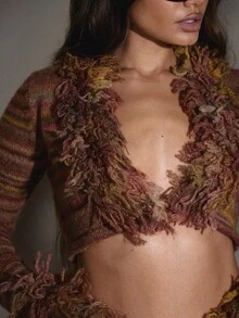 MUSERA 条纹针织流苏短款长袖上衣，可爱乡村西部风，适合夜间外出、性感夜店、Y2K、90年代复古风、冬季派对、晚宴等场合，优雅时尚 - 彩色 - 查看 6