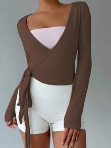 FavEase 粉色瑜伽健身运动短款紧身裹身毛衣，V 领长袖弹力柔软开衫，简约优雅百搭女士衣橱必备单品，春秋季