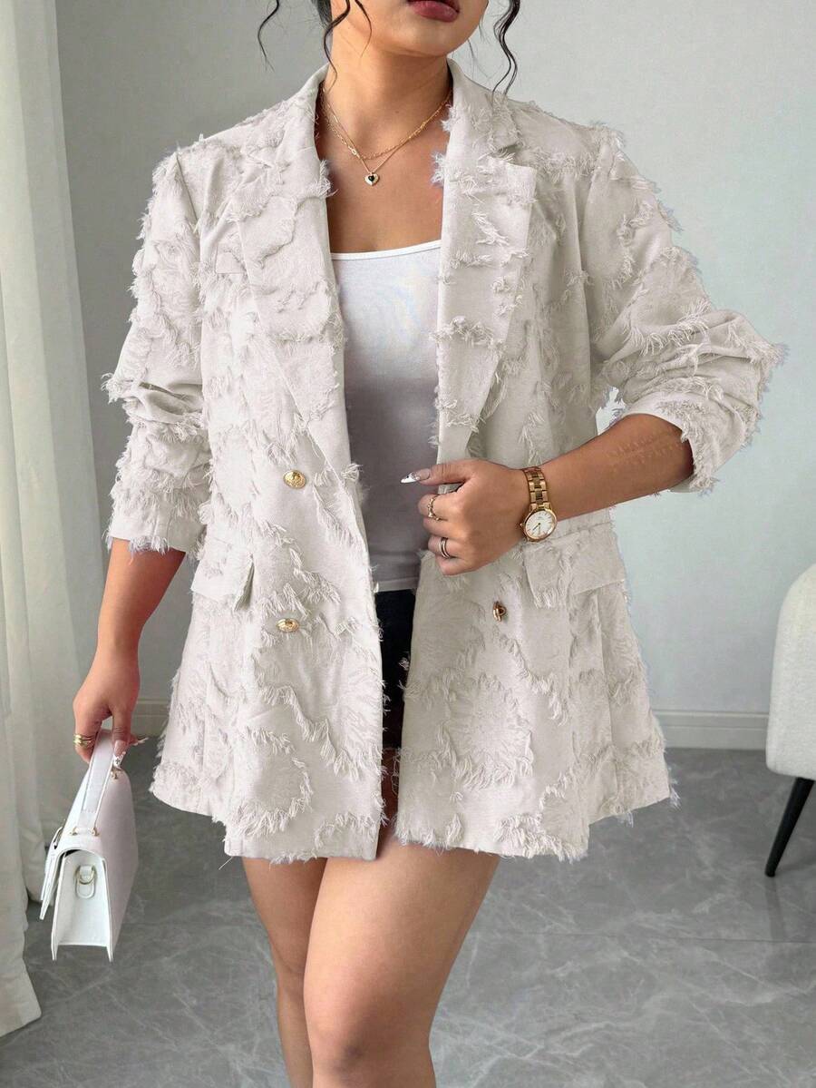Elenzga Chaqueta cruzada ancha de talla grande con cuello de solapa de jacquard para mujer - Albaricoque - Ver 1