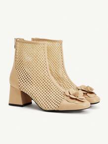 CUCCOO CHICEST Round Toe Block Heel Floral Patchwork Ankle Boots & Short Boots For Women - Apricot - View 1