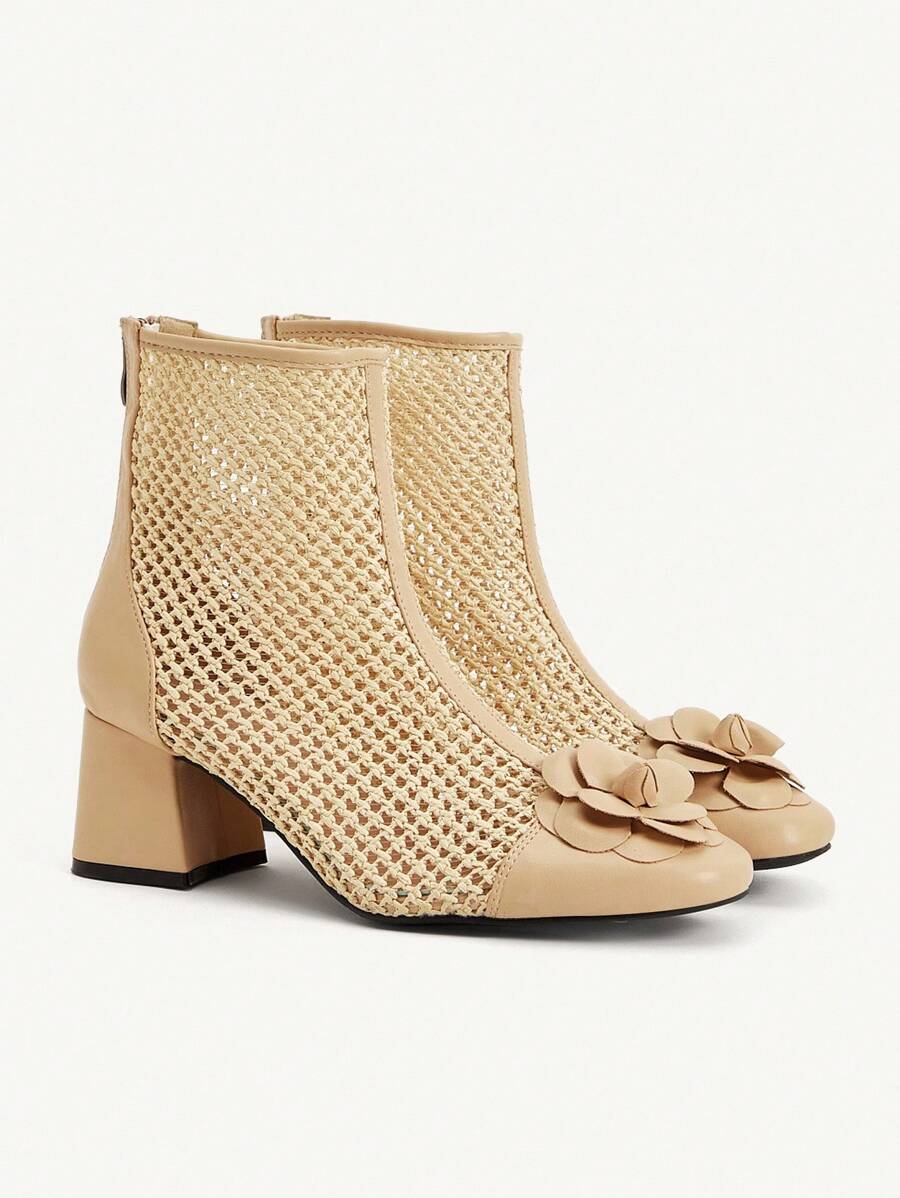 CUCCOO CHICEST Round Toe Block Heel Floral Patchwork Ankle Boots & Short Boots For Women - Apricot - View 1