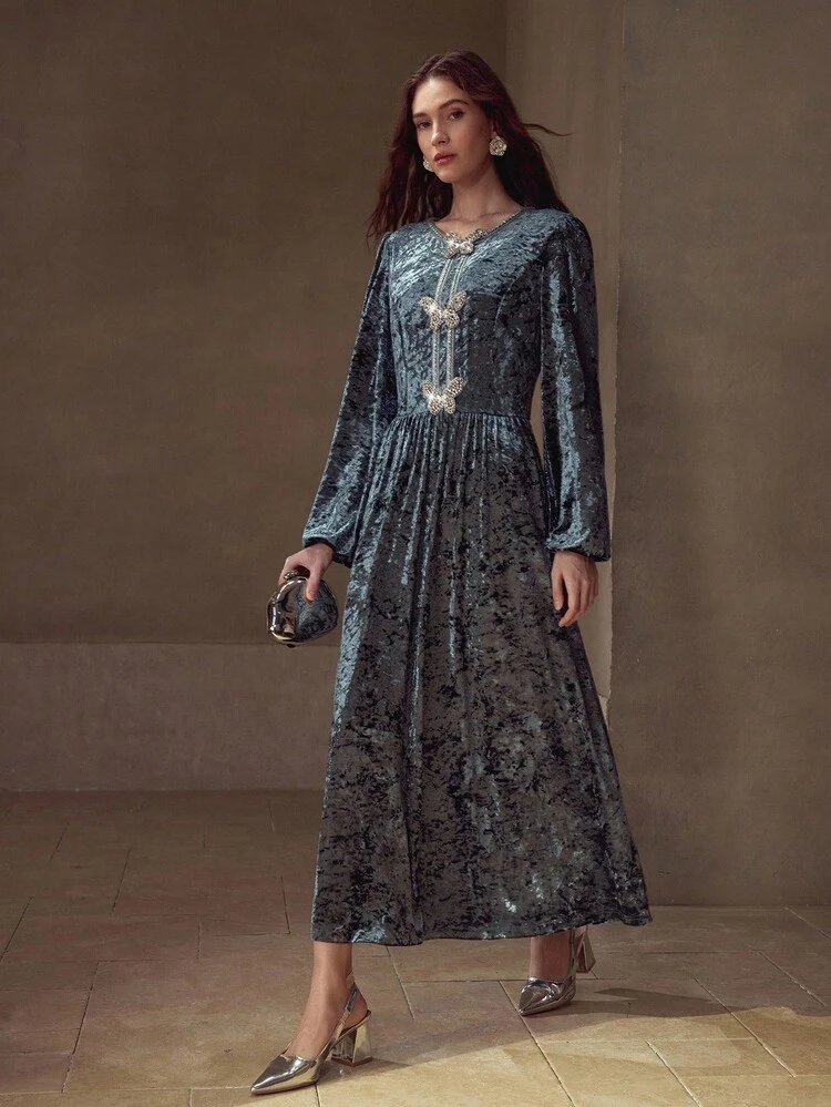 VELVET RHINESTONE BUTTERFLY DECOR LONG SLEEVE DRESS