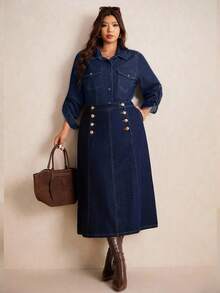 Elaquor 加大码深蓝色牛仔迷你裙，金色纽扣点缀，高腰直筒长裙，显瘦显瘦，法式优雅秋季款 - 深色水洗藍 - 查看 3