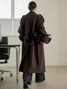 DAZY Women's Loose Business Casual Elegant Stand Collar Brown Cinched Waist Overcoat, Suitable For New Year, Christmas, Autumn/Winter - Chocolate Brown - View 9