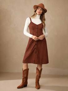 Wildy 雙口袋前紐扣背帶洋裝無毛衣 - 鏽棕色 - 查看 1