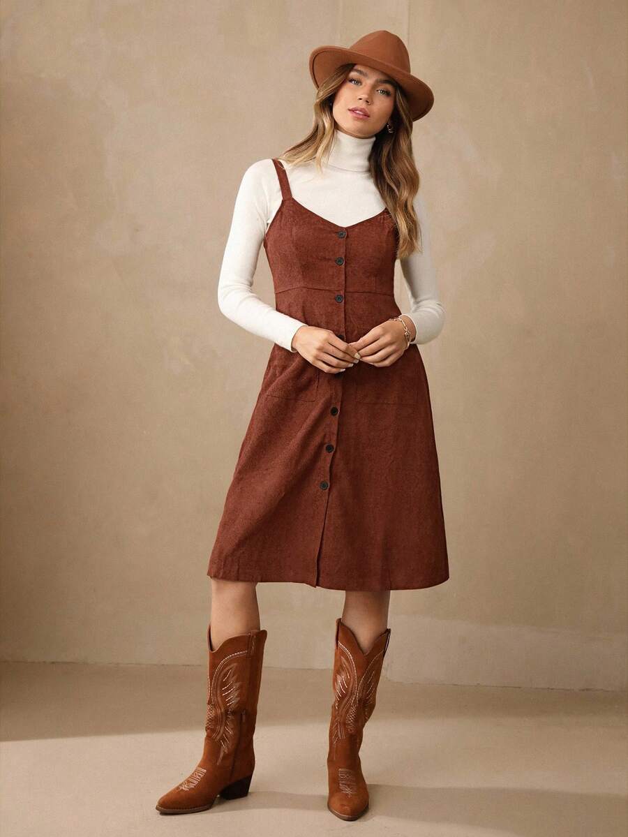 Wildy 雙口袋前紐扣背帶洋裝無毛衣 - 鏽棕色 - 查看 1