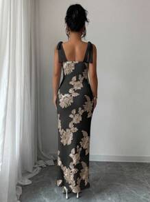 Elenzga 女士花卉提花修身优雅扭纹肩带连衣裙 - 黑色 - 查看 2