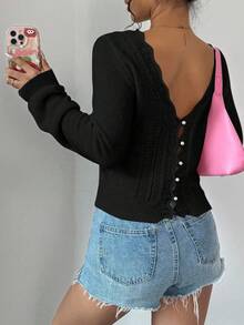 SHEIN Unity Women's Casual Solid Color Back Button Sweater Fall Winter Cloth For Women - Black - View 6
