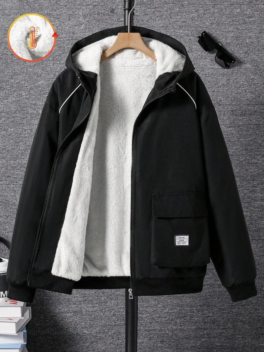 Casual Fashion White Striped Cargo Pocket Graphic Jacket For Teen Boys, Loose Fit, Comfortable, Versatile, Suitable For Autumn, Spring, Winter, Daily Wear, Commuting, Outdoor, Sports, School, Streetwear, Party, Photography Fall