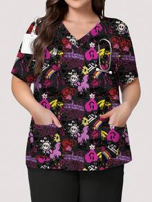PopScrub Plus Size Women V-Neck Short Sleeve Nurse Uniform,Cartoon Colorful Graffiti Print Work Clothes,Multi-Pocket Functional Smock Top,Doctor Lab Work Tops - Multicolor - View 1