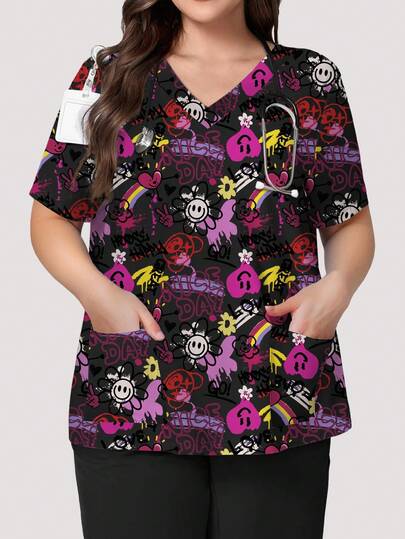 PopScrub Plus Size Women V-Neck Short Sleeve Dual Pocket Smock Top With Cute Cartoon Colorful Graffiti Simple Prosperity Print Nurse Uniform/Doctor Work Clothes/ Examination Surgery Uniform Top/Solid Color Women Pet Grooming Work Clothes/Nutritionist Work Clothes Short Sleeve Top/Lab Work Clothes Tops, Multi-Pocket Functional Work Uniform Tops