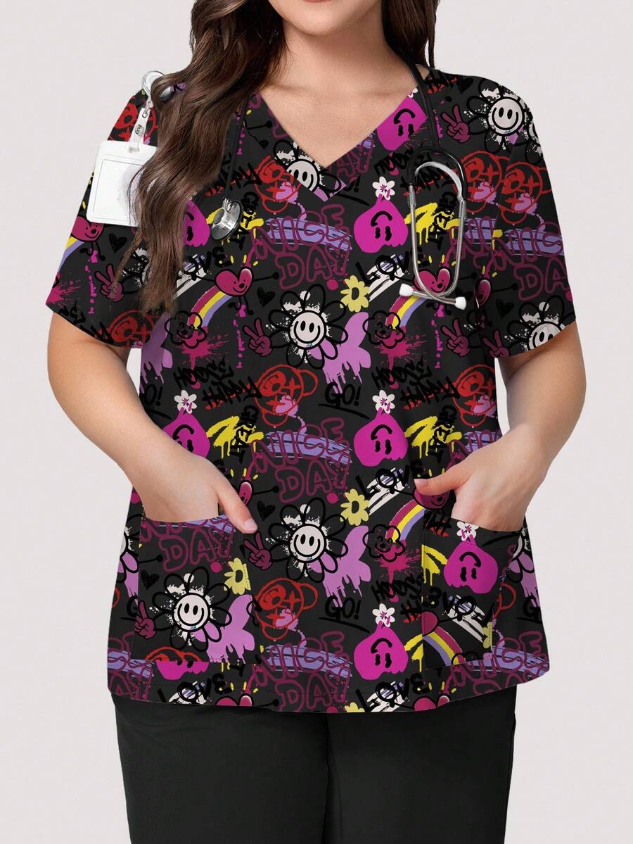 PopScrub Plus Size Women V-Neck Short Sleeve Nurse Uniform,Cartoon Colorful Graffiti Print Work Clothes,Multi-Pocket Functional Smock Top,Doctor Lab Work Tops - Multicolor - View 1