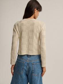 Nöista Elegant Beige Autumn Office Ivory Knit Cardigan,Textured Square Pattern Gold Buttons Fitted Shape Casual Fall Holiday Back To School Cute Boho Style - Apricot - View 2
