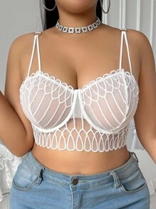 SHEIN 1pc Plus Size Mesh Patchwork Underwire Bra, Lift - White - View 1
