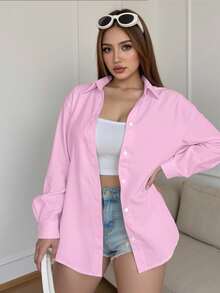 INAWLY Women's Plus Size Simple Casual Solid Color Front Button Long Sleeve Shirt - Pink - View 3