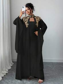 Cravure Plus Size Women's Embellished Long Sleeve Robe And Dress Elegant 2 Pieces Set Fall Cloth For Women