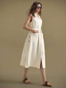 Ontre 休闲纯色系腰无袖连衣裙，2025新款女装，适合秋冬季，所有季节，返校，万圣节，圣诞节，女教师装，休闲外出，婚礼宾客装，优雅教堂/商务休闲装 - 杏色 - 查看 1