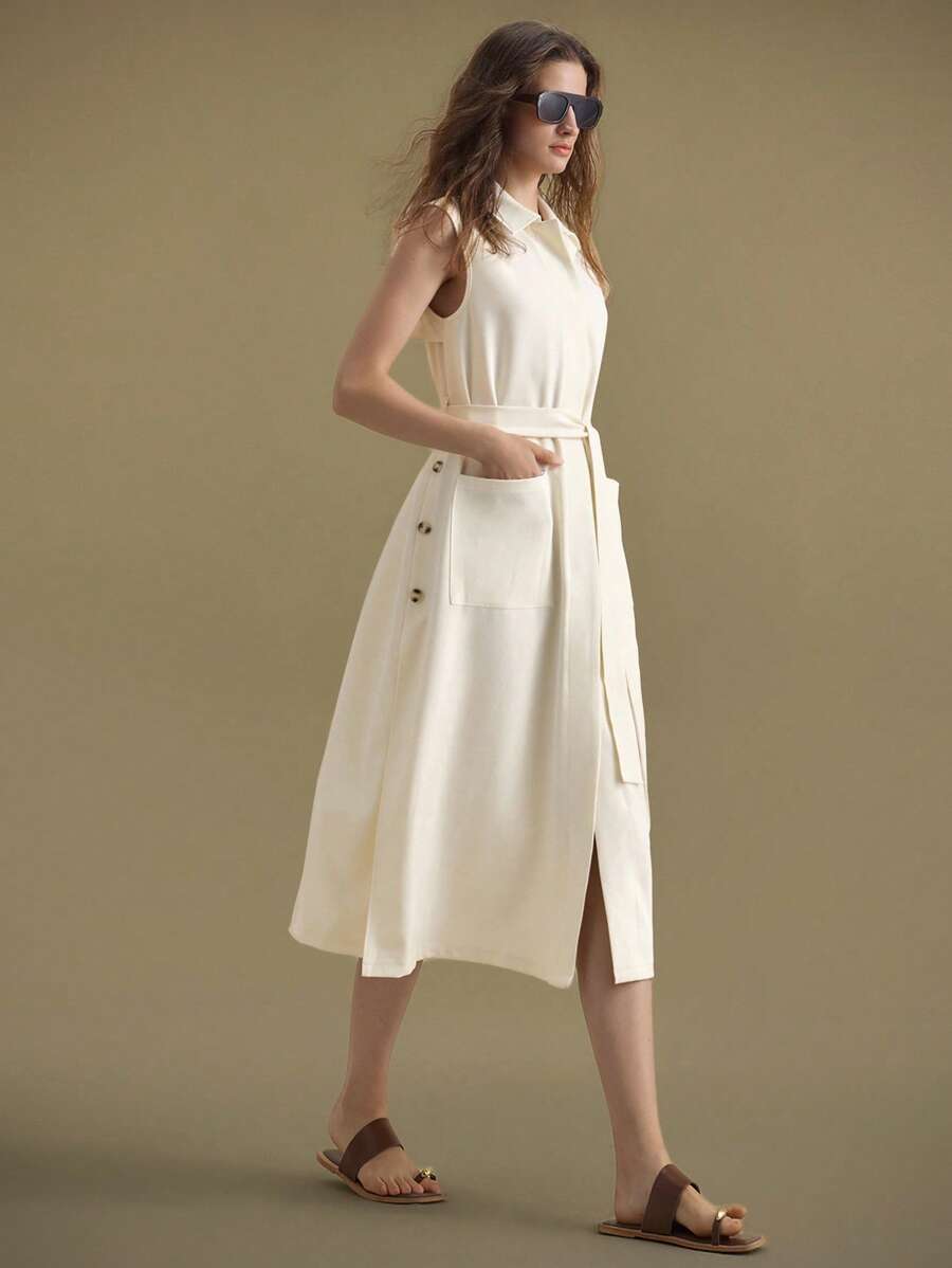 Ontre 休闲纯色系腰无袖连衣裙，2025新款女装，适合秋冬季，所有季节，返校，万圣节，圣诞节，女教师装，休闲外出，婚礼宾客装，优雅教堂/商务休闲装 - 杏色 - 查看 1