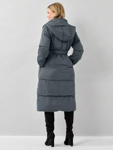Miaspire Solid Color Hooded Belted Long Padded Jacket