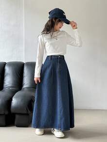 SHEIN Tween Girls Casual Elegant Dark Solid Washed Denim Long Skirt With Pleated, Fall/Autumn Winter Elegant Jeans Skirt,Business Professional Work Girl Oufits,Girls Back To School Homecoming Outfits, Jean Skirt, Jean Skirts For Women, Denim Skirt, Long Jean Skirt, Long Denim Skirt