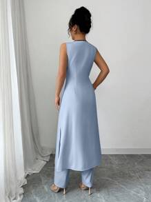 Selianne 时尚优雅年轻女性V领无袖上衣和阔腿裤两件套，休闲街头风格，春夏