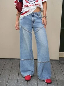 Jeanoix Jeans anchos y sueltos de diseño con bolsillos y remaches para mujer - Azul - Ver 5