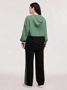 Veilorie 拼色口袋前连帽衫和撞色侧缝裤套装，女士深秋休闲抽绳、口袋、侧条纹长袖常规版型多色落肩运动衫裤女式两件套服装，日常休闲装