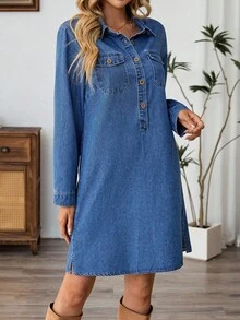 EMERY ROSE 女式短款纯色牛仔连衣裙，有领和常规下摆，适合日常风格，蓝色牛仔连衣裙，纽扣式牛仔连衣裙，长袖牛仔连衣裙，牛仔连衣裙，女式秋季连衣裙 - 深色水洗藍 - 查看 4