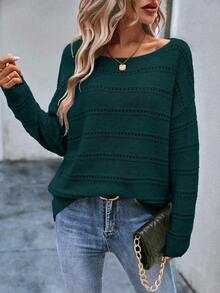 EMERY ROSE Solid Color Crew Neck Casual Pullover Sweater Autumn Cloth For Women Occasion Teal Green - Dark Green - View 6